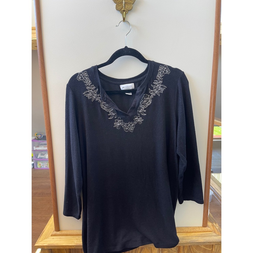Liz Claiborne Top Women's L Black Embroidered Floral Split Neck 3/4 sleeve